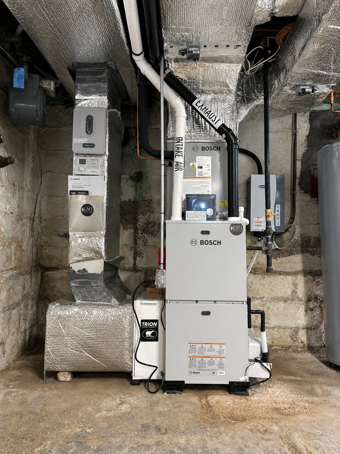 Completed Bosch dual fuel HVAC system with air cleaner and humidifier in Melrose MA