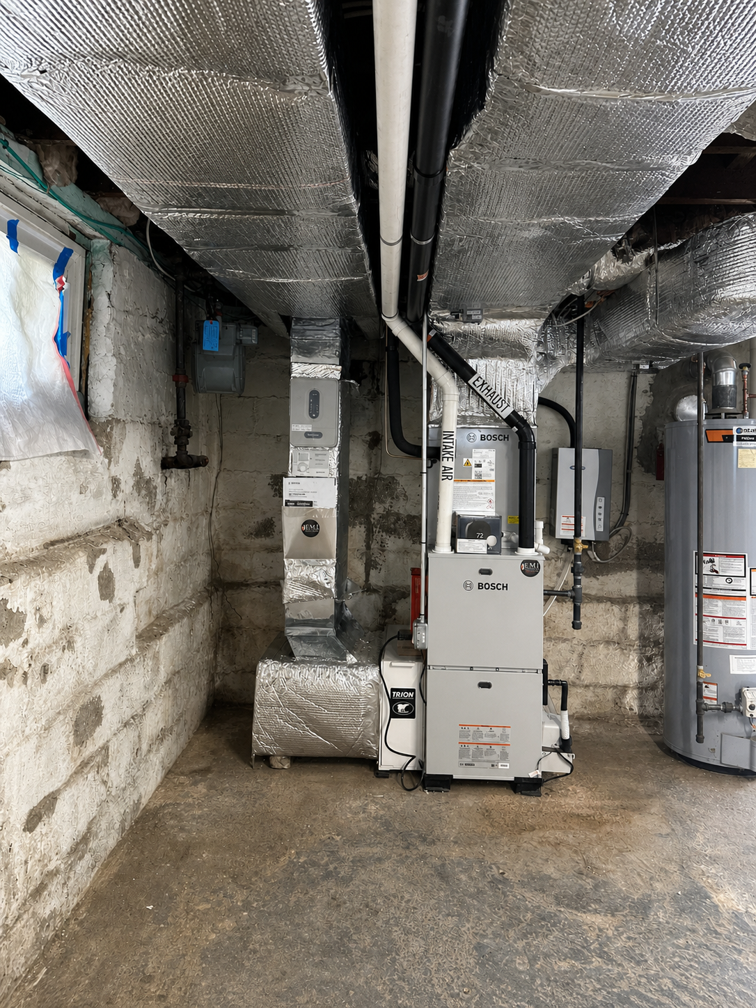 Completed insulated ductwork and two zone Bosch HVAC installation in Melrose