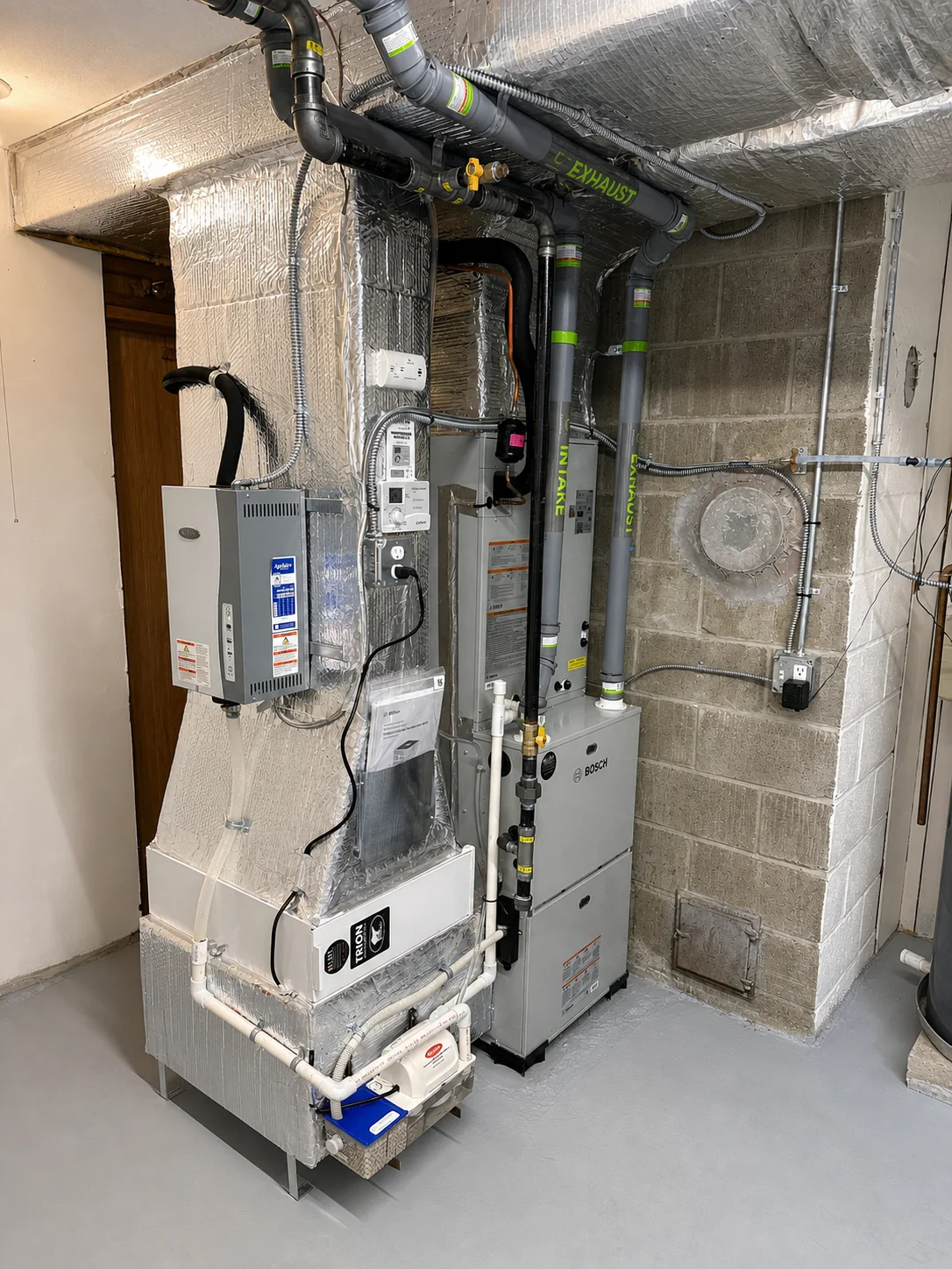 Completed Bosch high efficiency HVAC installation with custom ductwork in Stoneham MA